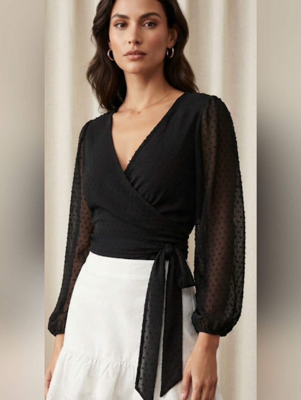 Club Monaco Black Swiss Dot Sheer Sleeve Wrap Tie Blouse Top Women’s Small EUC
